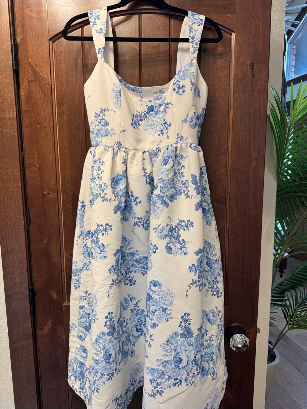 Sachin + Babi Blaine Taffeta Square Neck White Midi Dress with Blue Floral Print